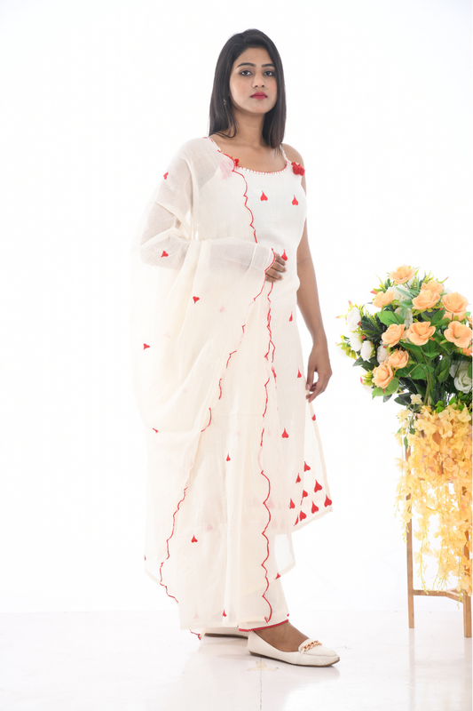 Ivory & Red heart-Embroidered cotton linen Kurta Set with Dupatta