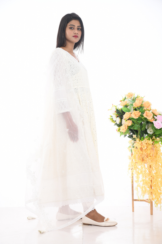 Elegant White Chikankari Anarkali Set with Dupatta