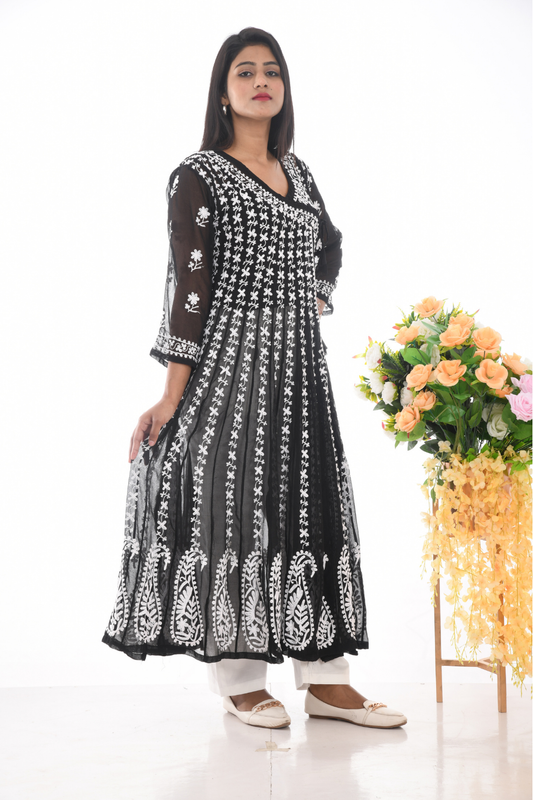 Black & White Hand-Embroidered Chikankari Anarkali Kurti