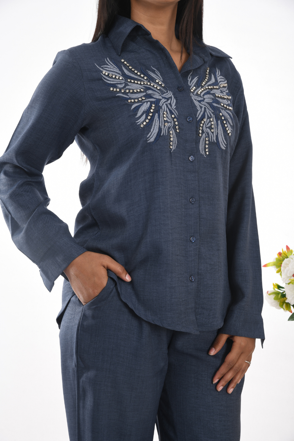 Navy blue white and silver bead embroidary Co-ord Set