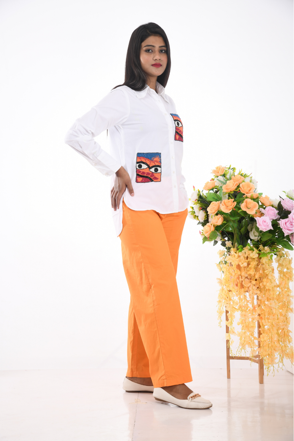 White and neon orange cotton  Co-ord Set