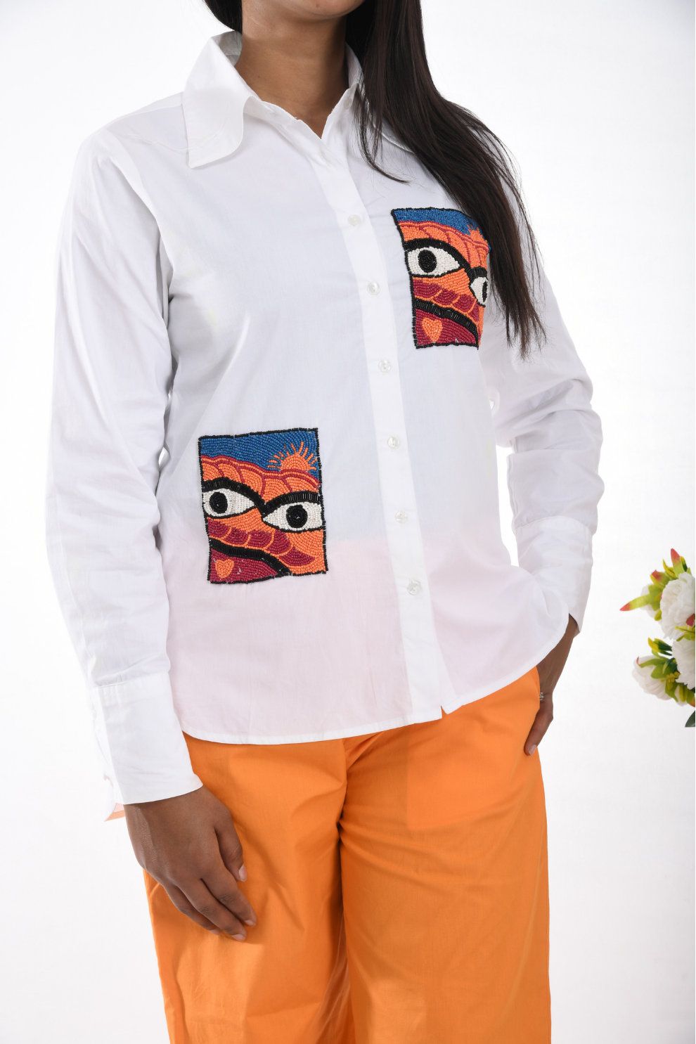 White and neon orange cotton  Co-ord Set