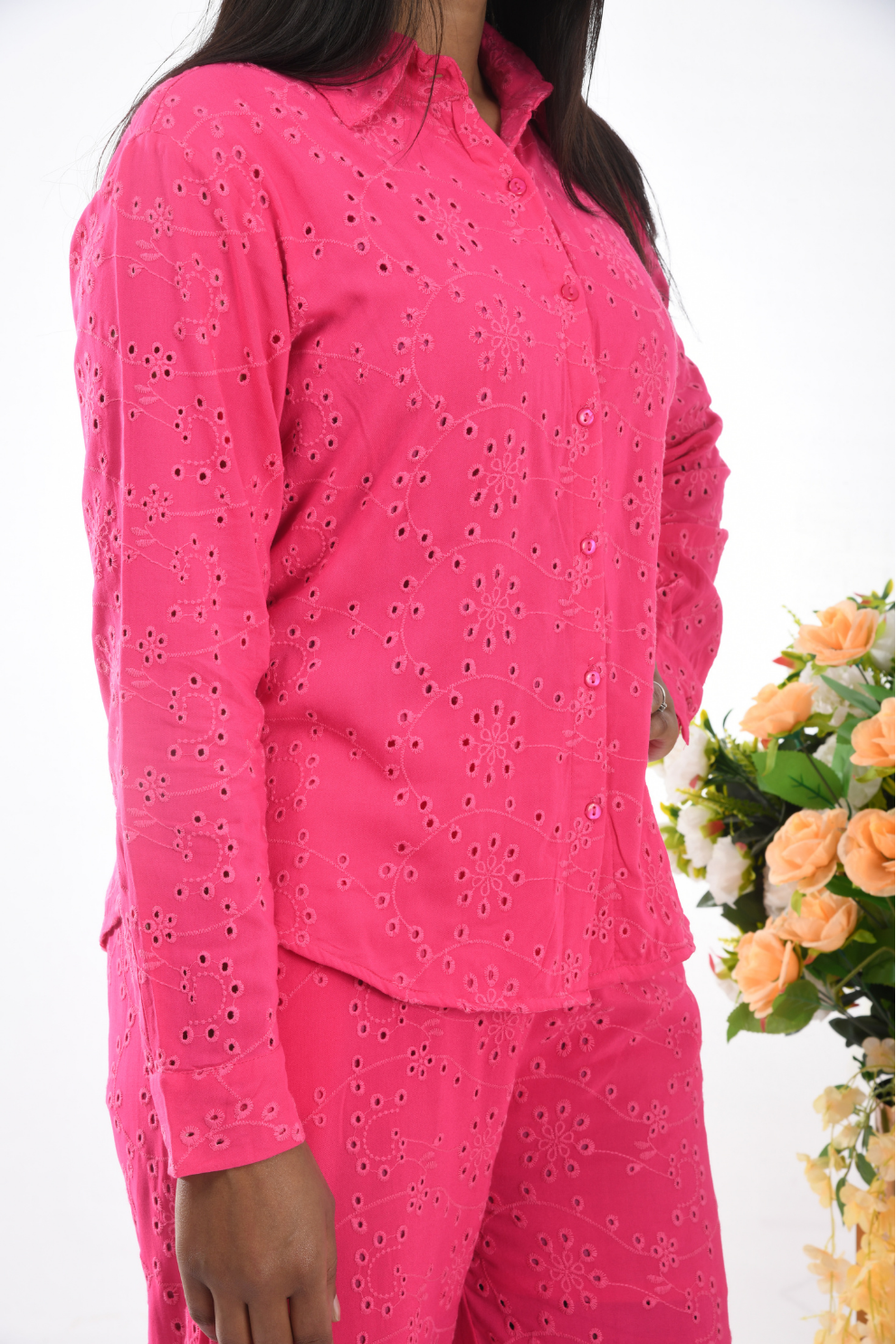 Pink schiffli cotton Co-ord Set