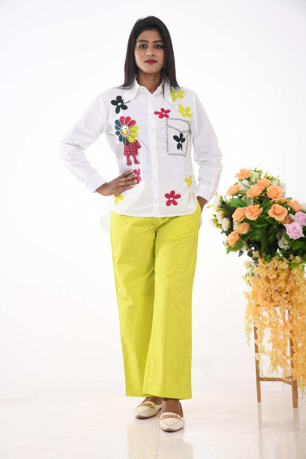 White and neon green cotton Co-ord Set