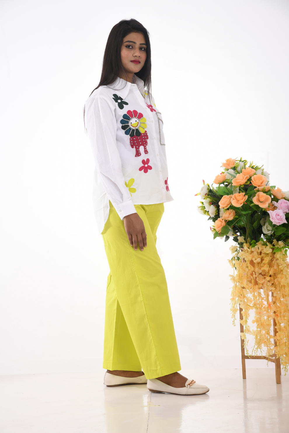 White and neon green cotton Co-ord Set