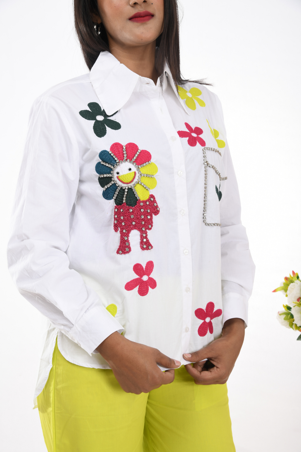 White and neon green cotton Co-ord Set