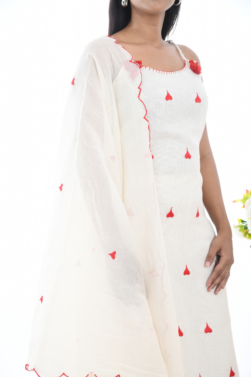 Ivory & Red heart-Embroidered cotton linen Kurta Set with Dupatta