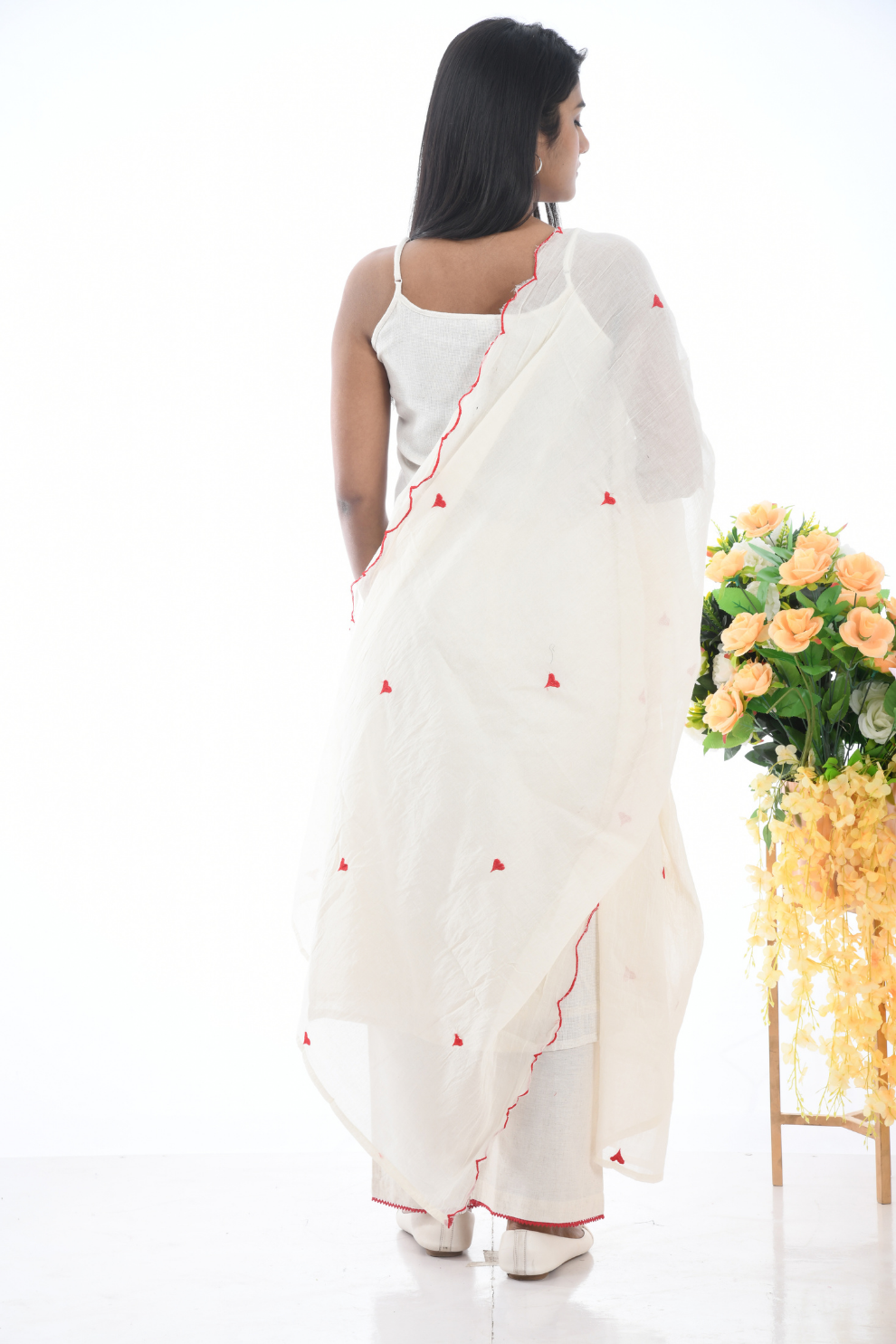 Ivory & Red heart-Embroidered cotton linen Kurta Set with Dupatta