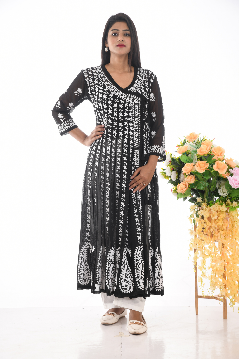Black & White Hand-Embroidered Chikankari Anarkali Kurti