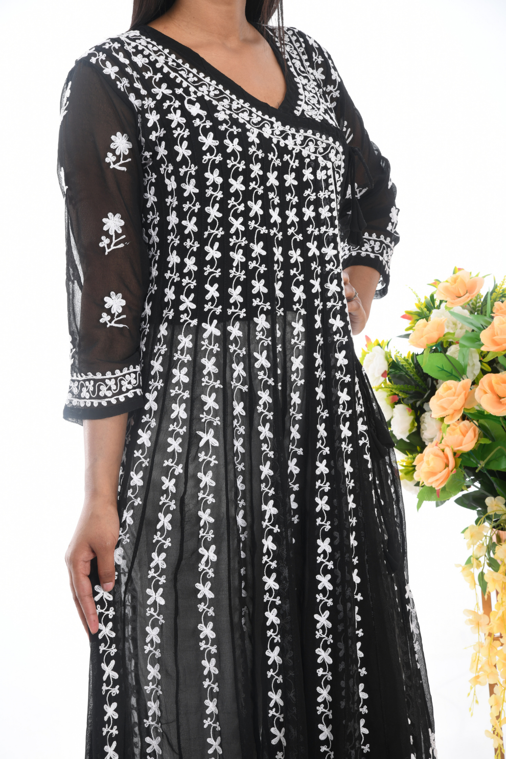 Black & White Hand-Embroidered Chikankari Anarkali Kurti