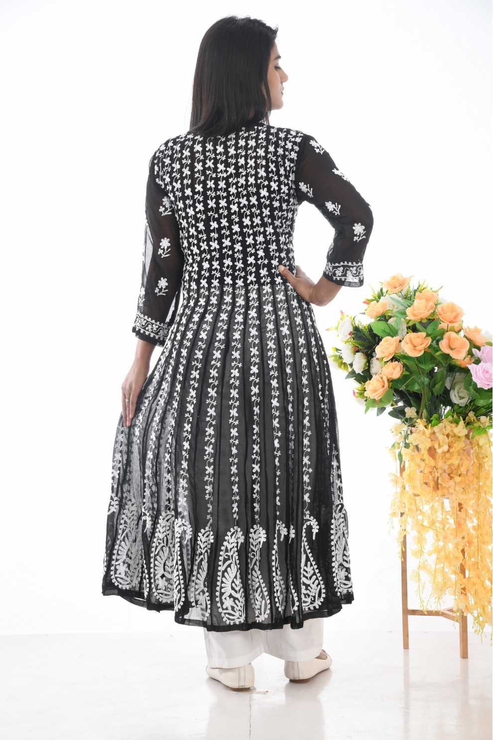 Black & White Hand-Embroidered Chikankari Anarkali Kurti