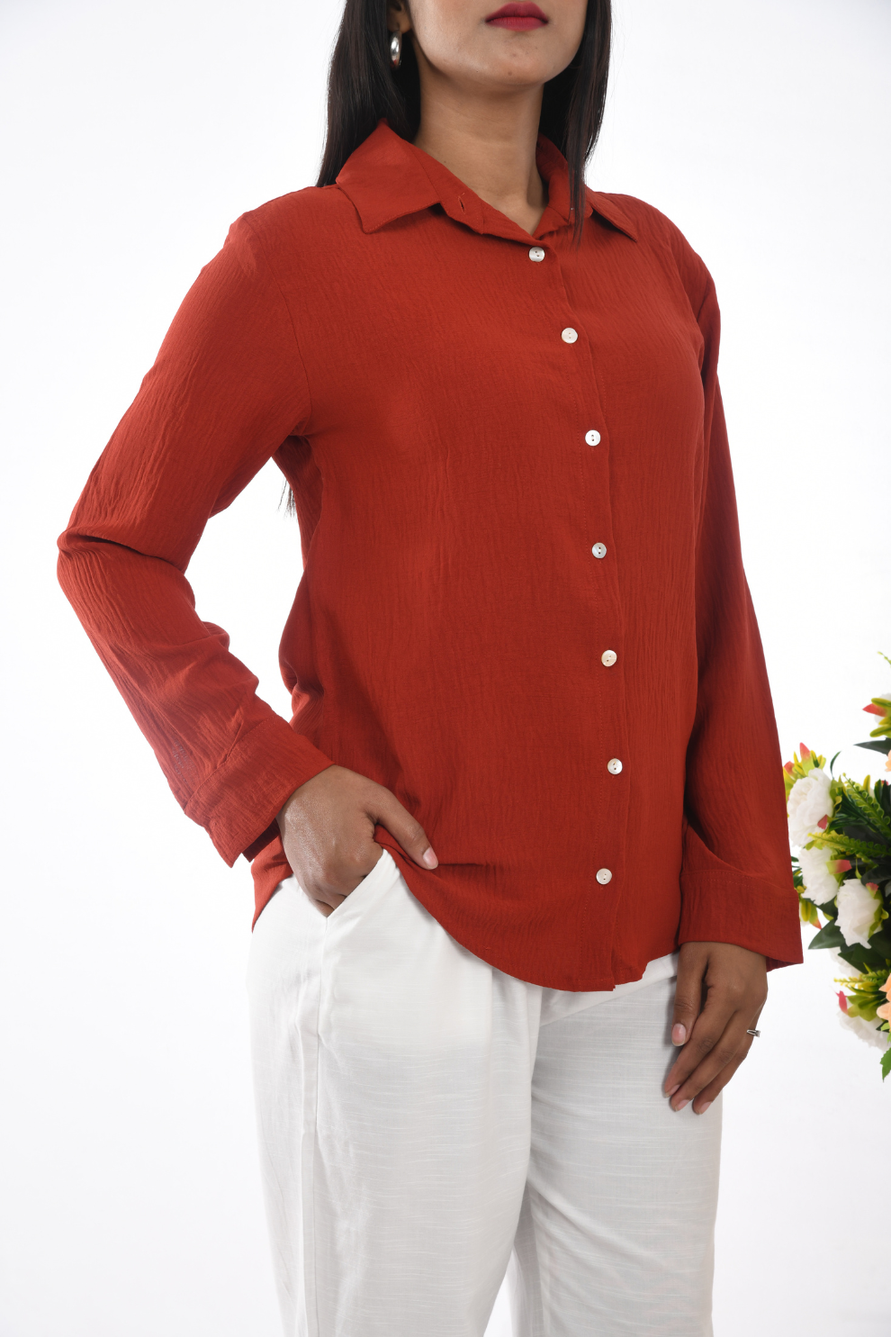 Women's Rust Red Button-Up Shirt  Comfortable Outfit