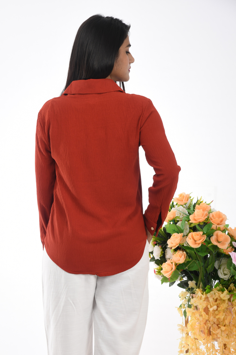 Women's Rust Red Button-Up Shirt  Comfortable Outfit