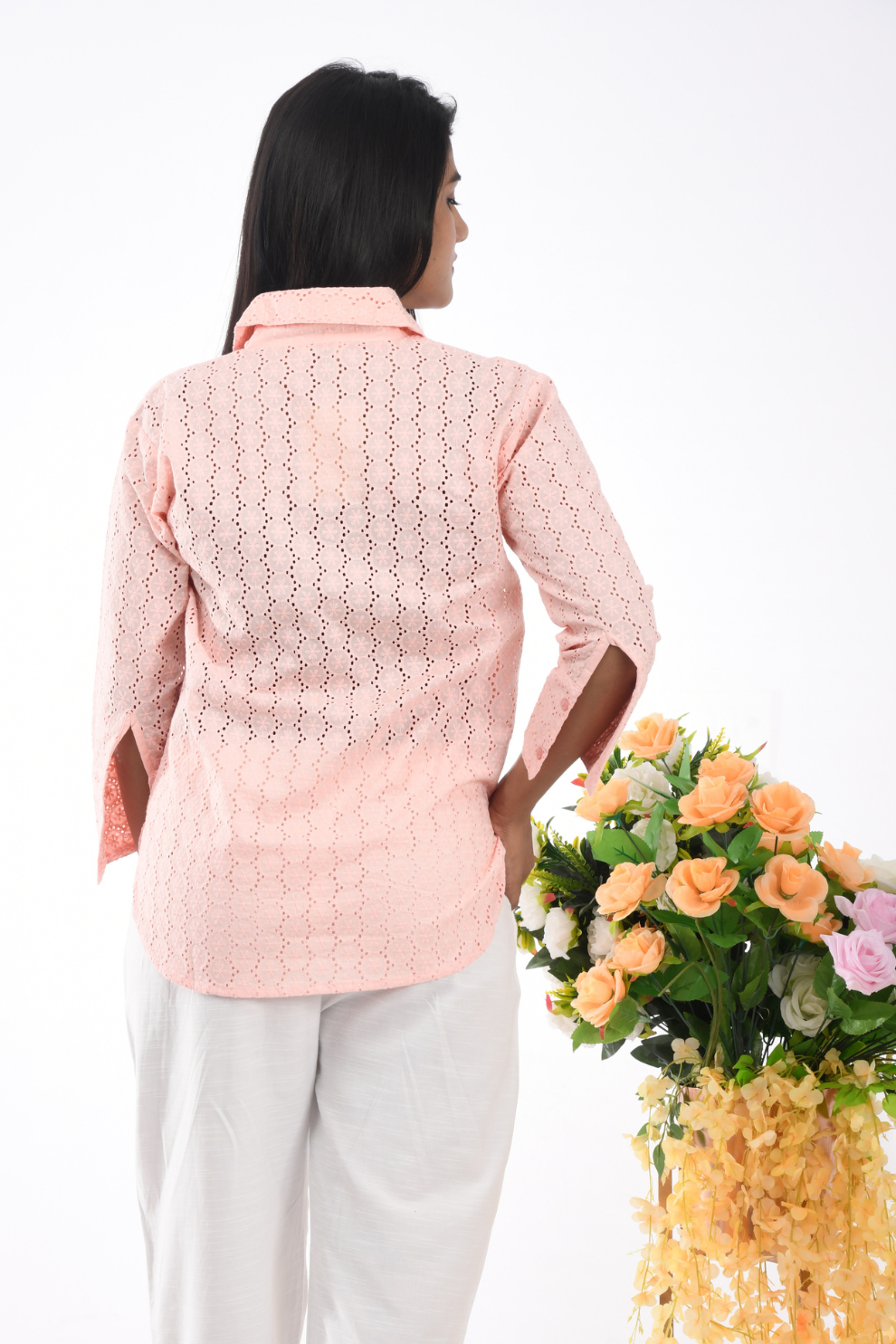 Women's peach schiffli Lace Button-Up Shirt – Elegant & Breathable Cotton shirt