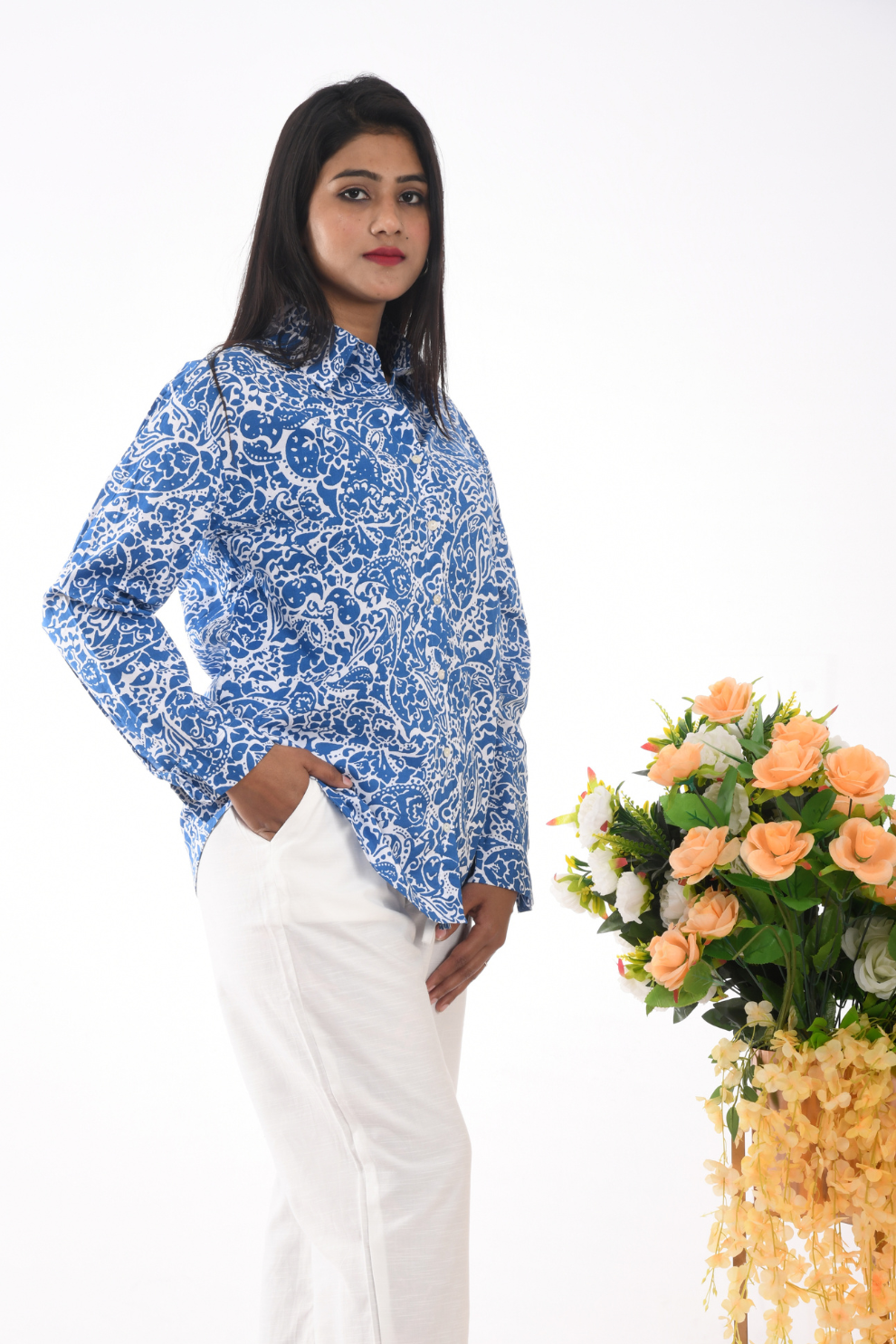 Women's Blue & White Printed Button-Up Shirt – Long Sleeve, Casual & Stylish