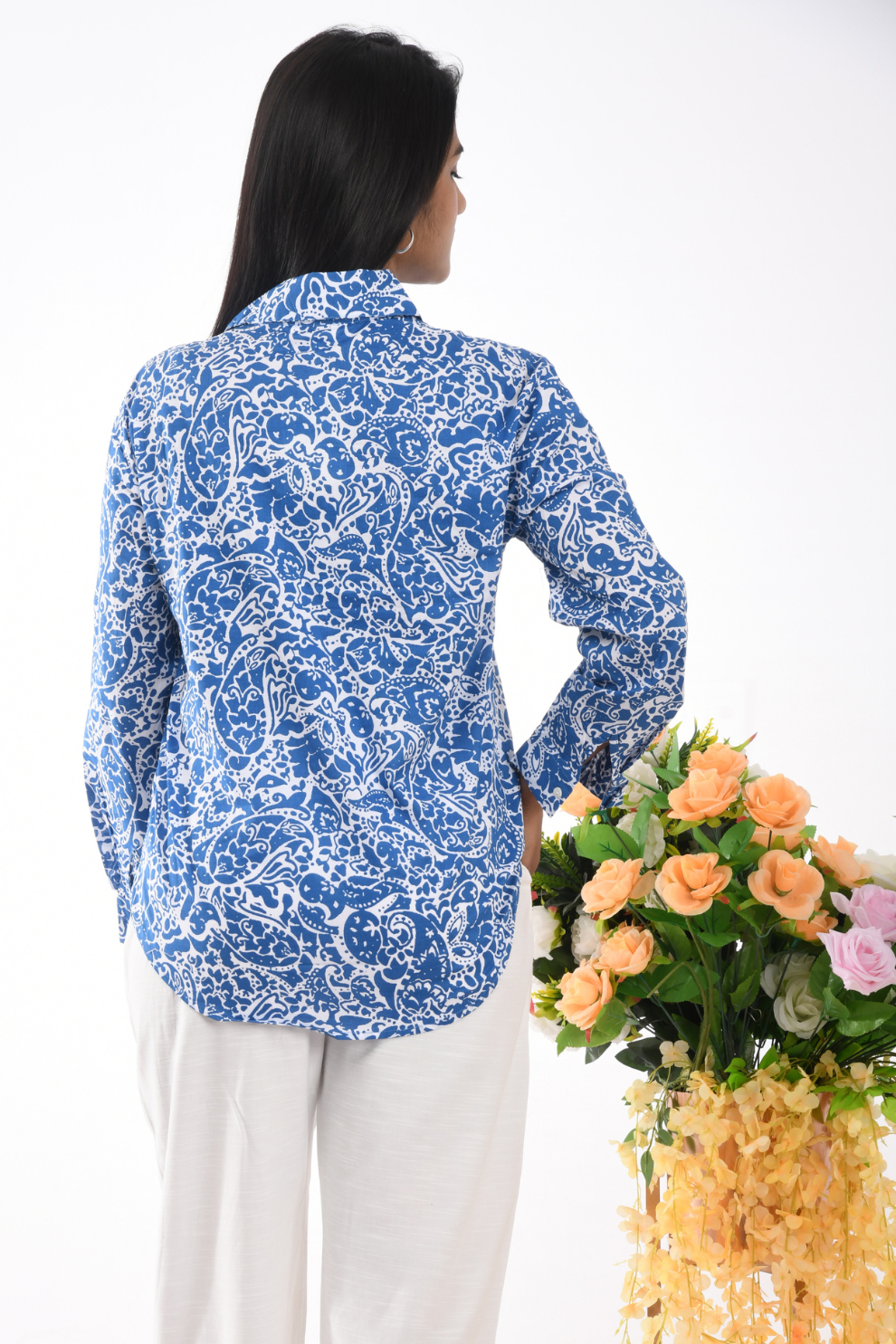 Women's Blue & White Printed Button-Up Shirt – Long Sleeve, Casual & Stylish