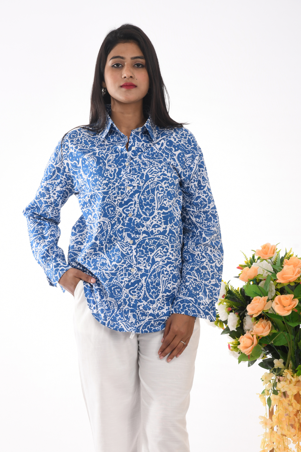 Women's Blue & White Printed Button-Up Shirt – Long Sleeve, Casual & Stylish