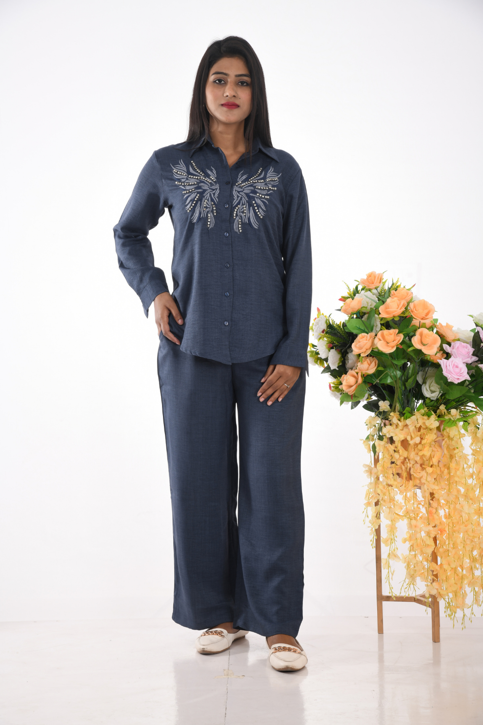 Navy blue white and silver bead embroidary Co-ord Set