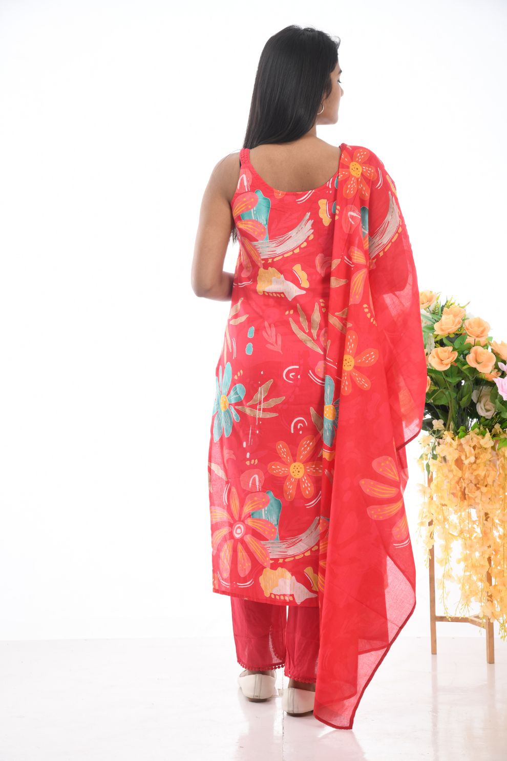 Vibrant Red Floral Printed Kurta Set with Dupatta