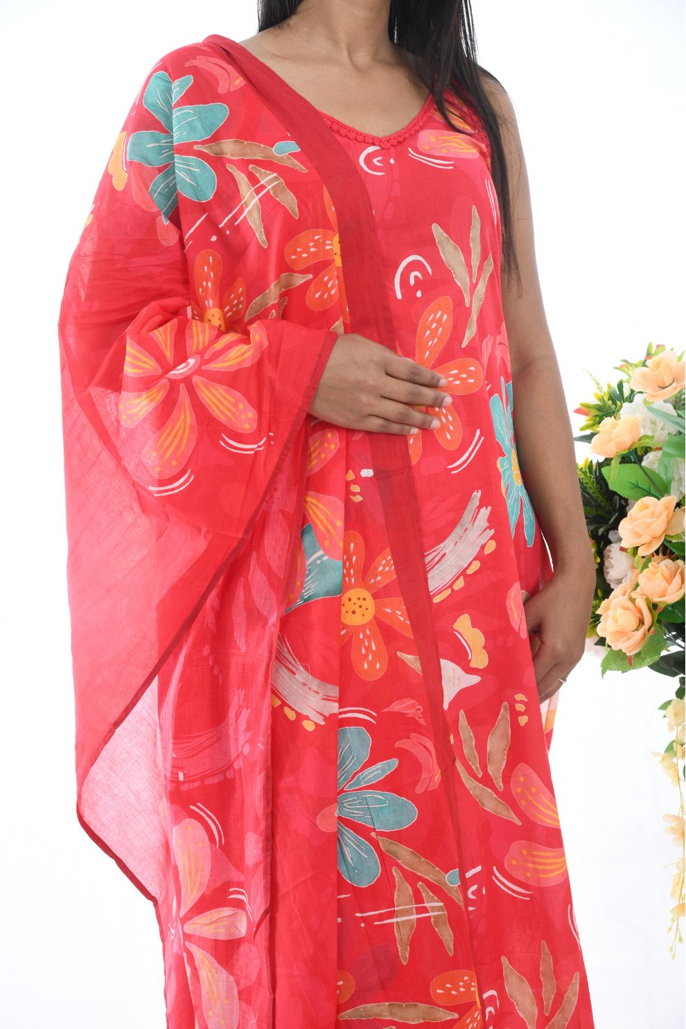 Vibrant Red Floral Printed Kurta Set with Dupatta