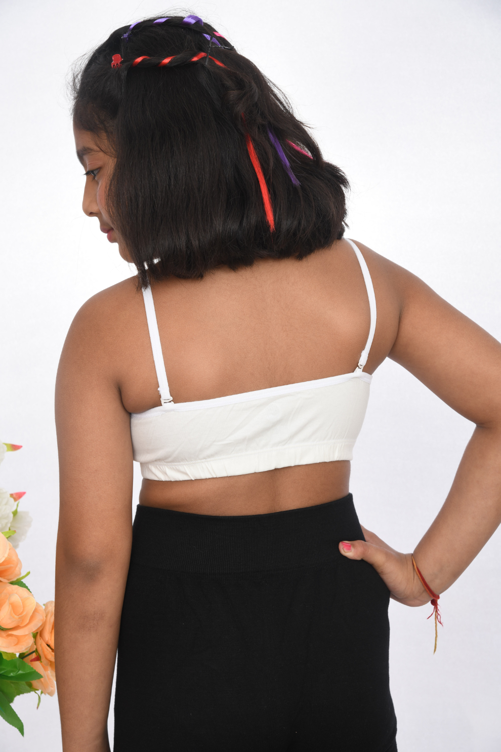 Back view white cotton strap bra with playful lace